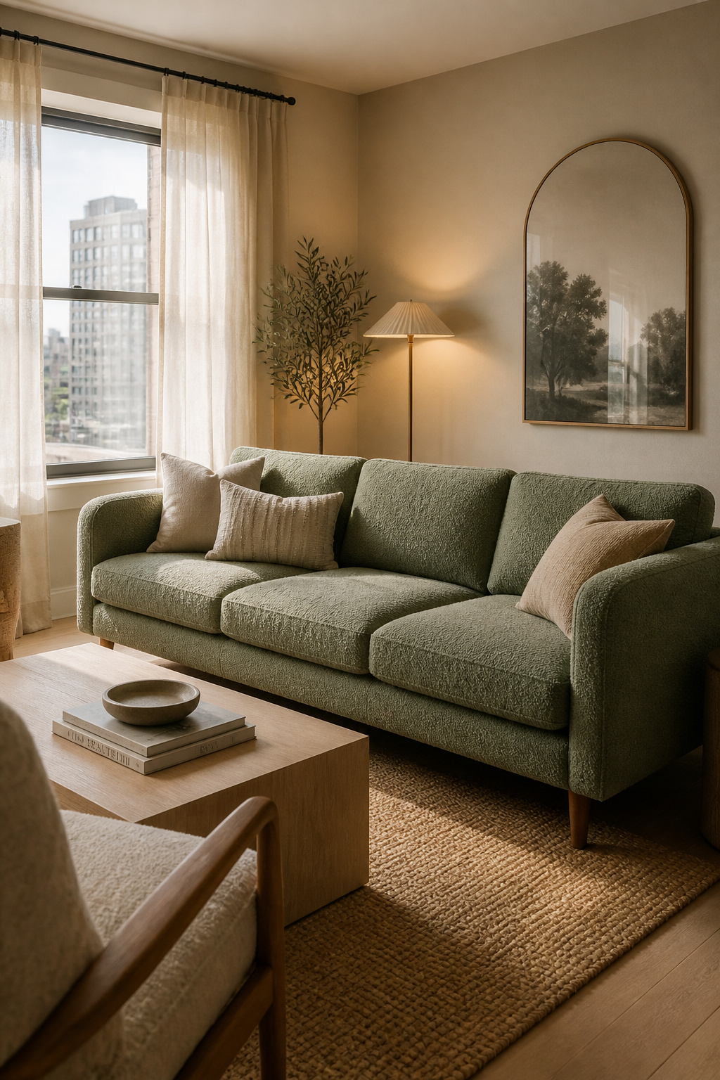 A sage green boucle sofa anchors this apartment living room's colour psychology — the mid-toned green lowers perceived stress while anchoring every surrounding neutral.