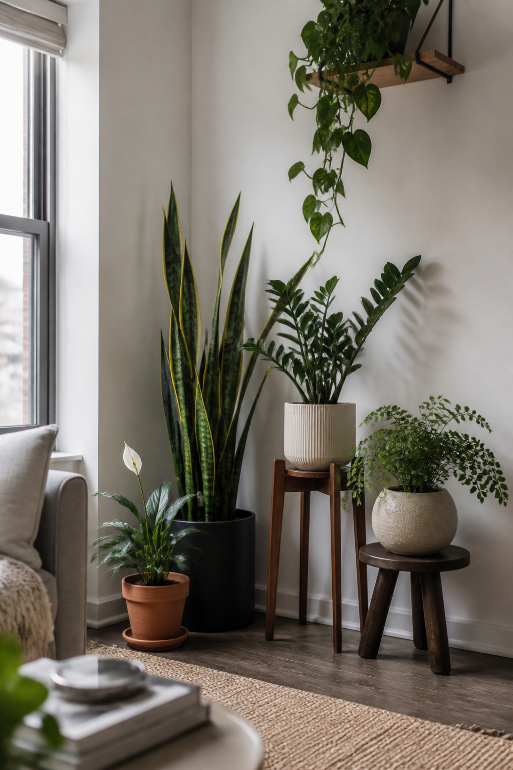 A curated grouping of low-light indoor plants — snake plant, ZZ plant, pothos, and peace lily — at varied heights brings biophilic design into a north-facing apartment corner.