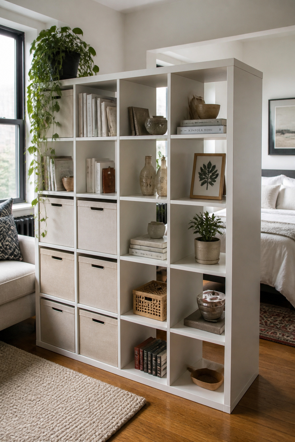 A modular shelving unit positioned as a room divider creates distinct living and sleeping zones in a studio apartment while storing everything from books to linens.
