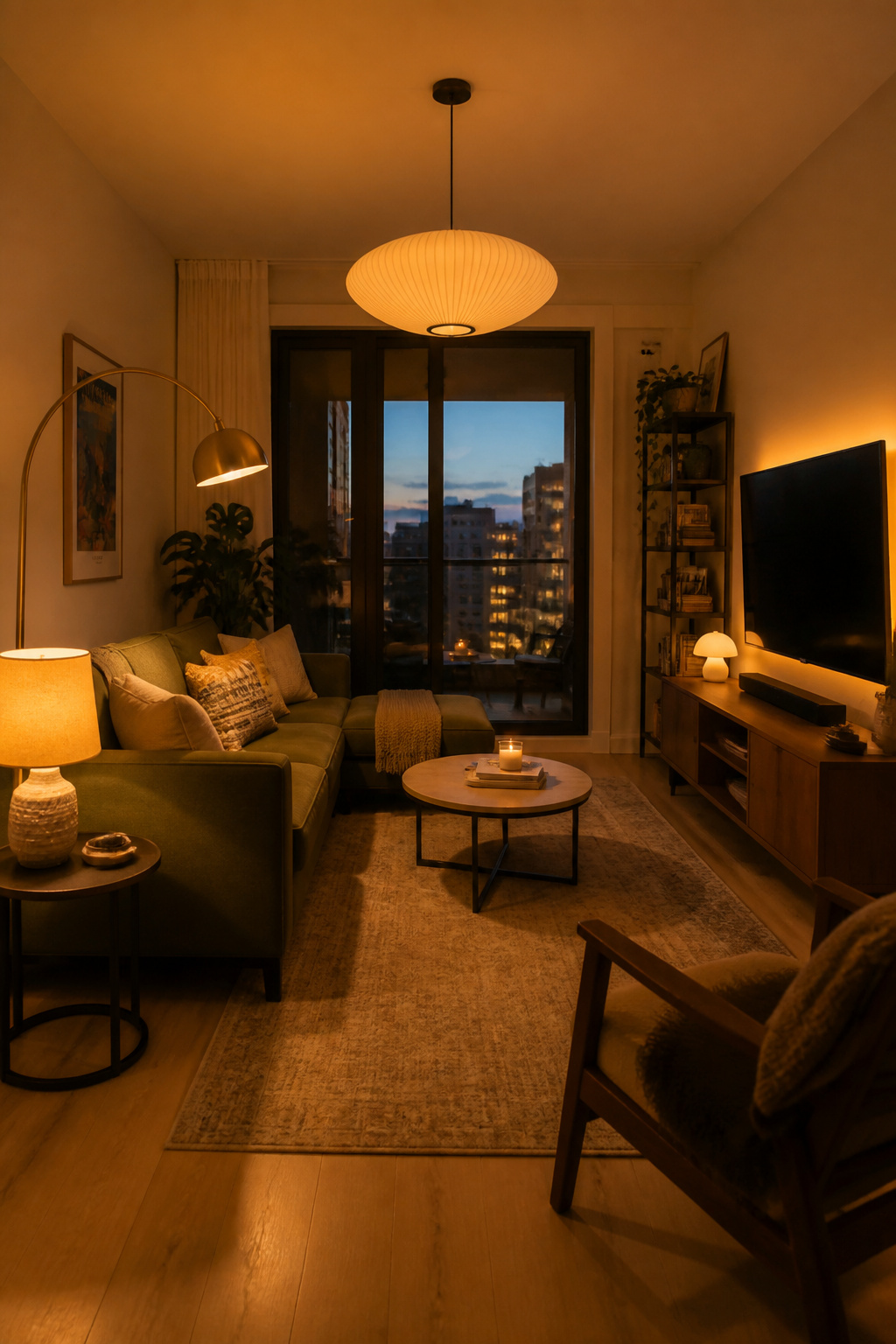 Three layers of warm lighting — ambient, task, and accent — replace the flat overhead glare and transform this apartment living room's entire evening atmosphere.