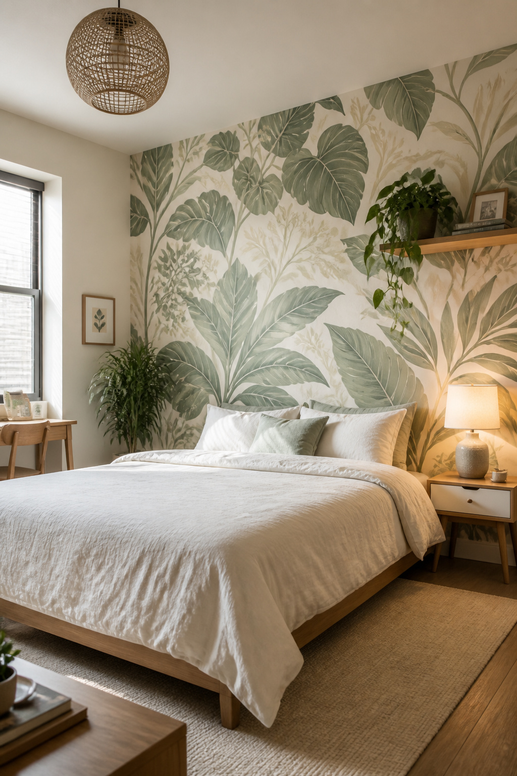A muted botanical peel-and-stick accent wall transforms a white rental bedroom into a considered, design-forward space — fully removable when the lease ends.