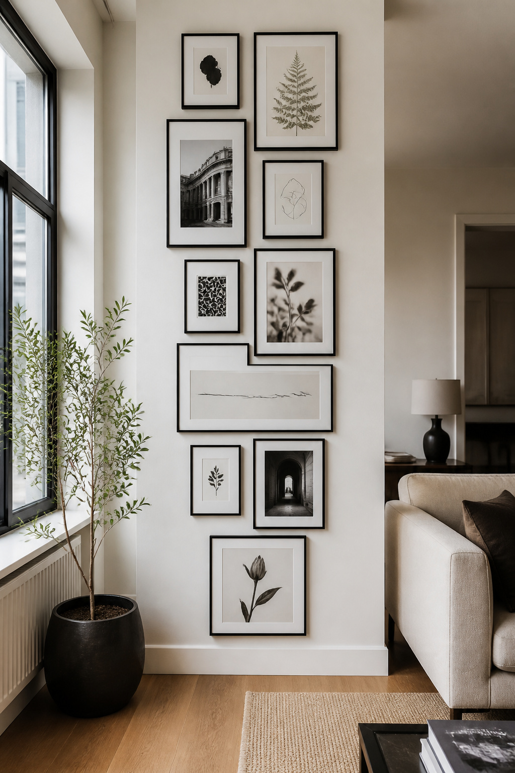 A vertically composed gallery wall of varied black frames draws the eye upward, creating the illusion of taller ceilings in a standard eight-foot apartment room.
