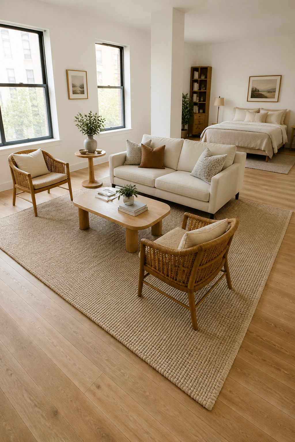 An oversized 9x12 wool rug grounds the complete seating arrangement in this studio apartment, creating a defined living zone without any physical partition.