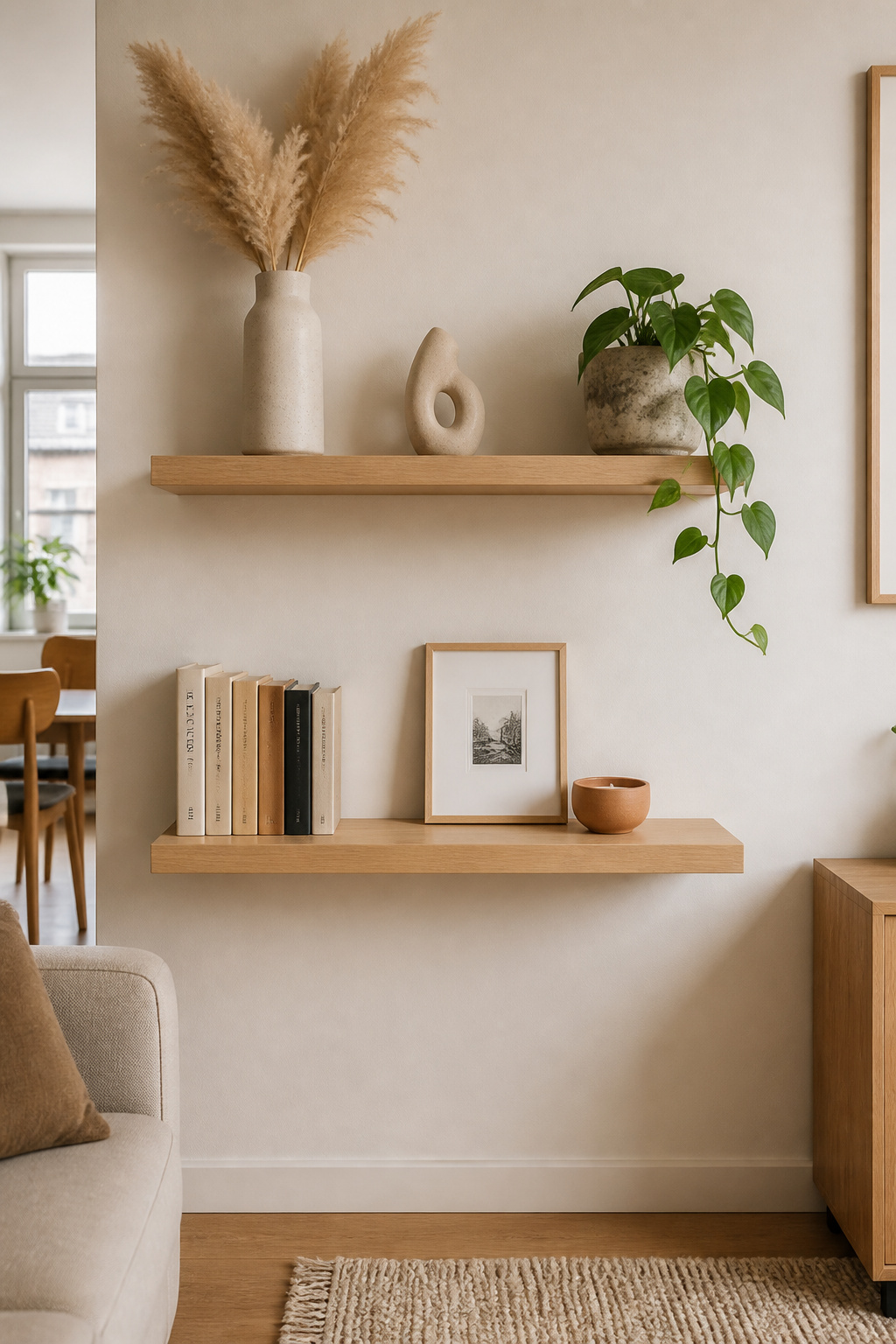 White oak floating shelves styled with the triangle rule — tall vase, ceramic sculpture, and trailing plant — demonstrate how negative space is as important as what sits on them.