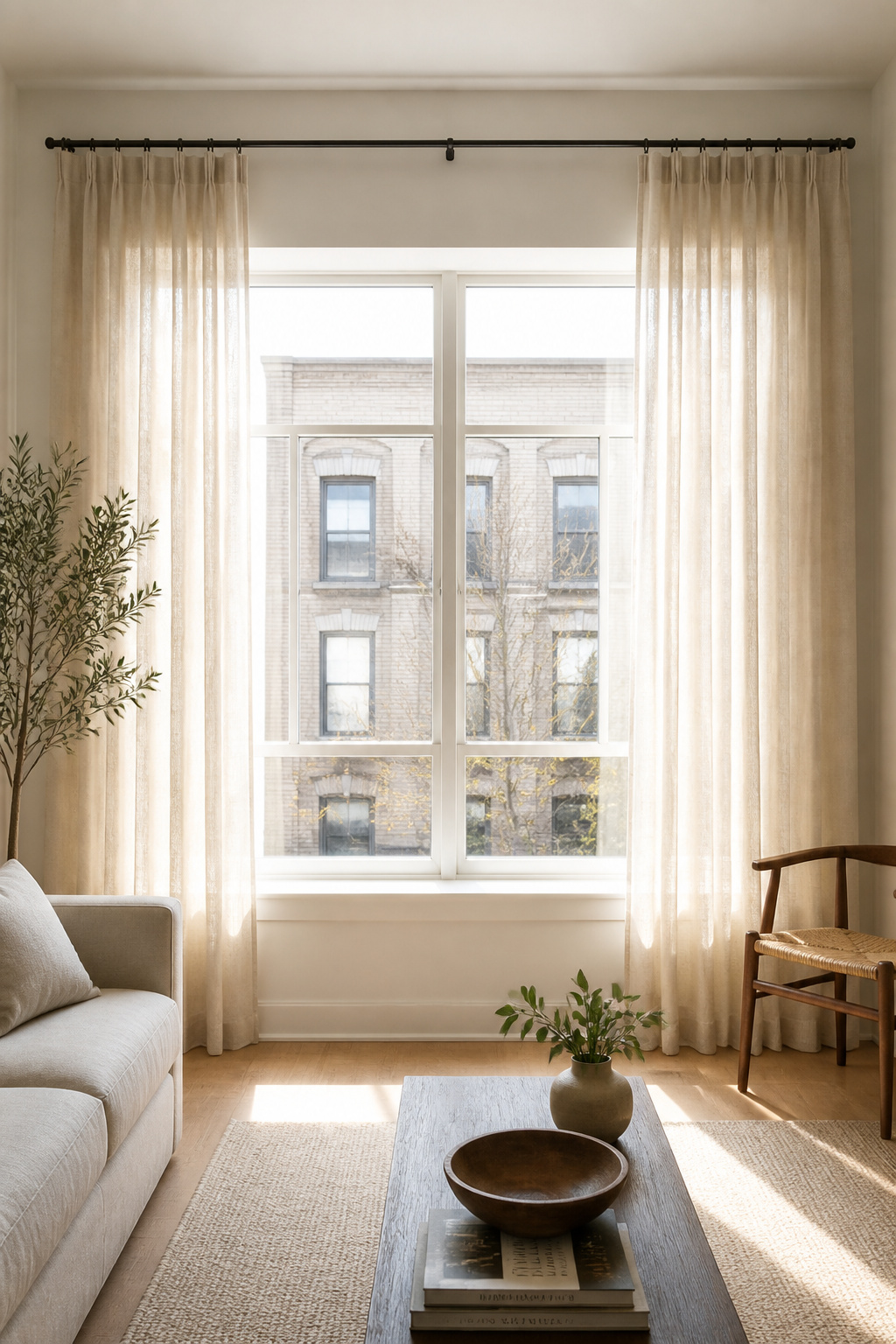 Linen curtains hung from a ceiling-height rod and stacked fully off the glass allow maximum natural light while adding 24 inches of perceived ceiling height to a standard apartment room.