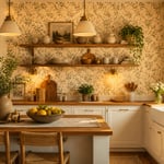 A botanical print wallpaper anchors this warm kitchen composition — the most budget-friendly transformation in any kitchen.