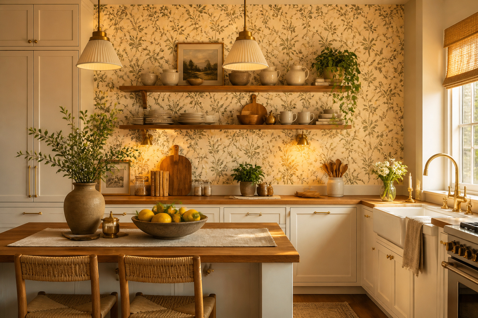 A botanical print wallpaper anchors this warm kitchen composition — the most budget-friendly transformation in any kitchen.