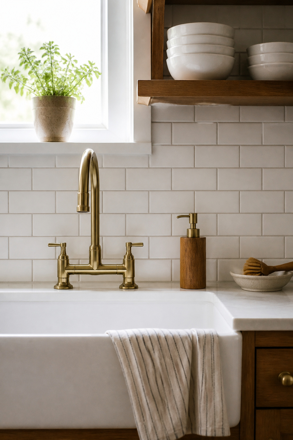 Vinyl subway tile-print wallpaper behind the farmhouse sink delivers the classic backsplash look at a fraction of real tile cost.
