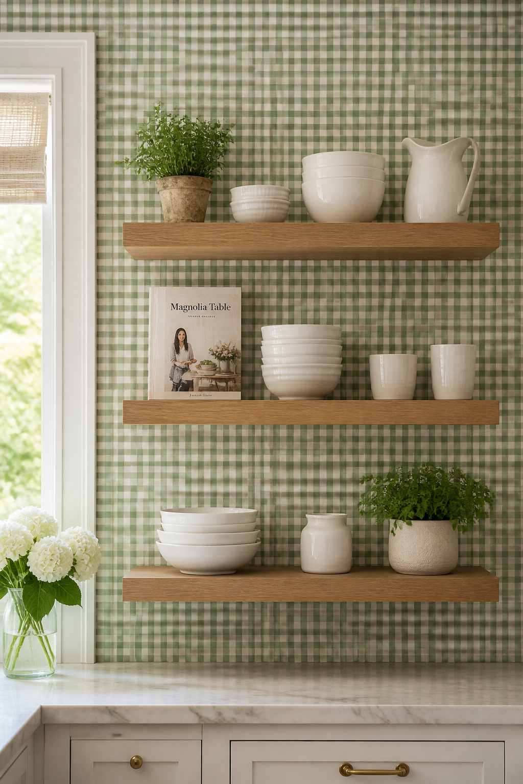 Gingham wallpaper behind open kitchen shelves creates a layered composition that makes even simple ceramics look intentional.