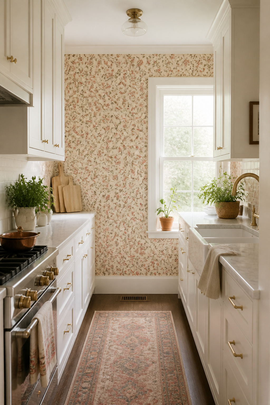 A small-scale vintage floral on the end wall turns a galley kitchen into a genuinely inviting space.