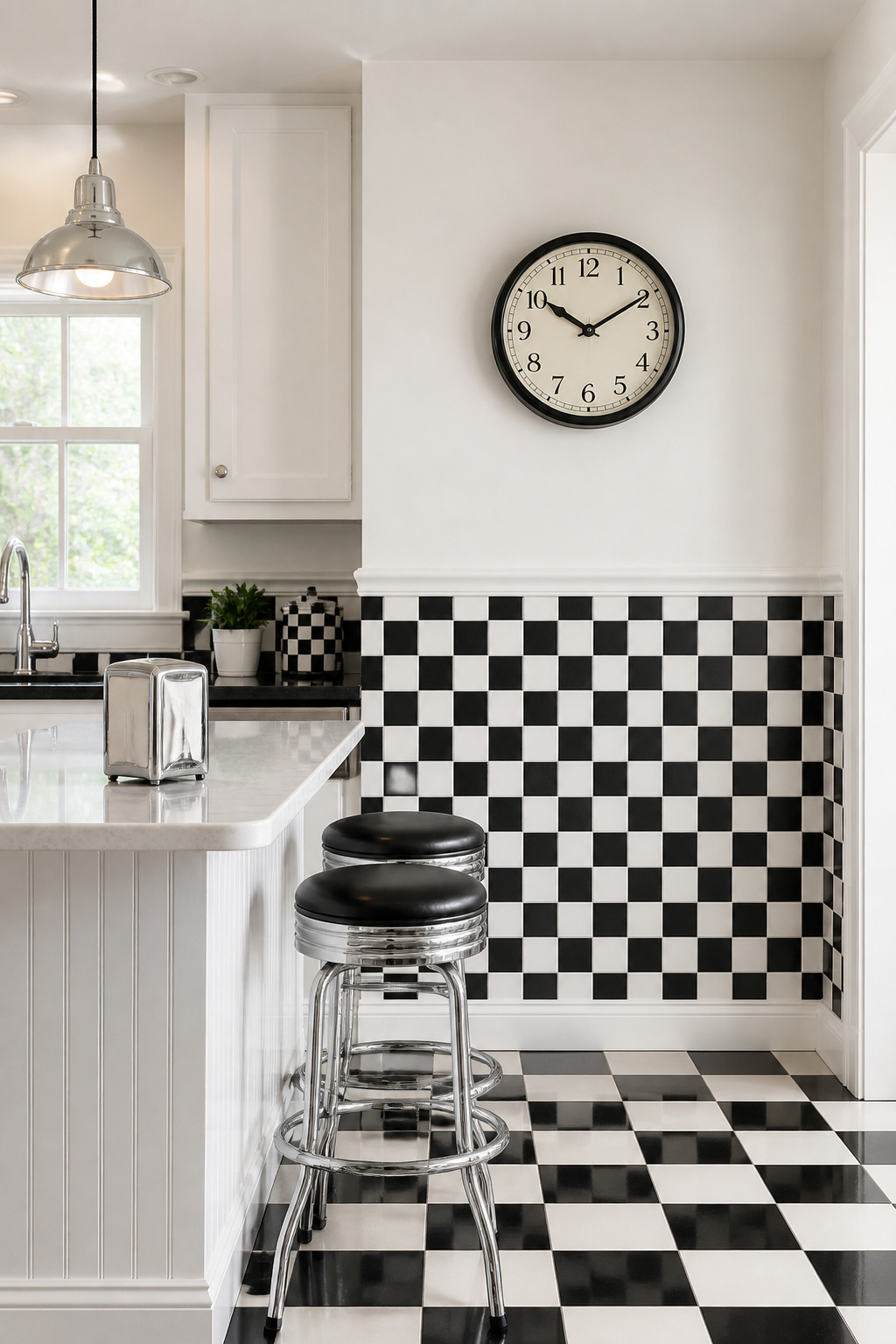 Black-and-white checkerboard wallpaper at dado height creates a diner-inspired kitchen feature at half the material cost.