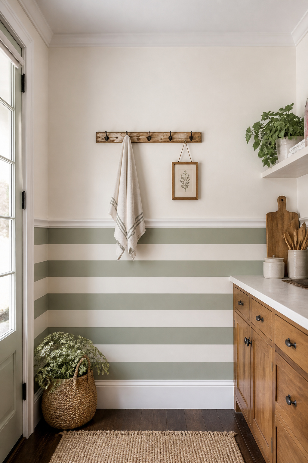 The dado technique applies wallpaper only below the chair rail — using 40% less material for the same visual impact.