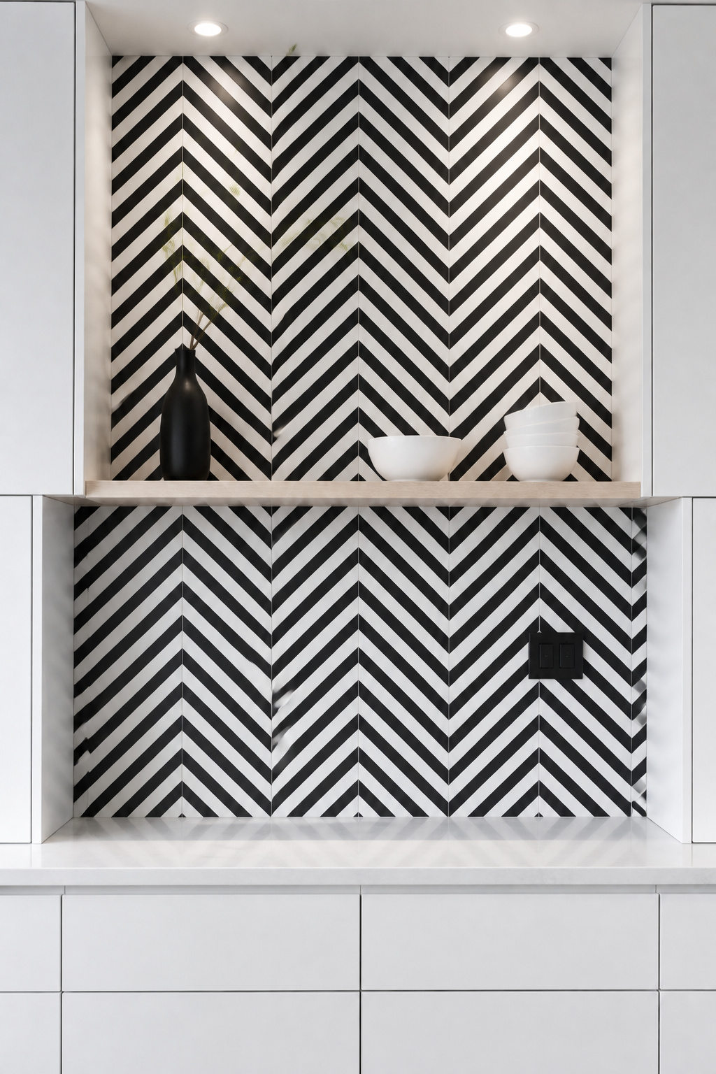 A single geometric accent wall delivers a bold modern statement without a single cabinet being changed.