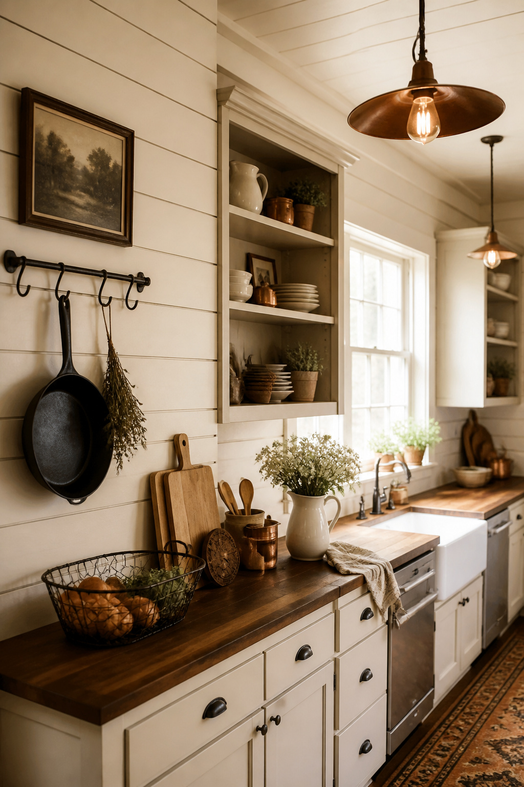 Painted shiplap-look wallpaper achieves the classic farmhouse kitchen aesthetic in a single weekend without any demolition.