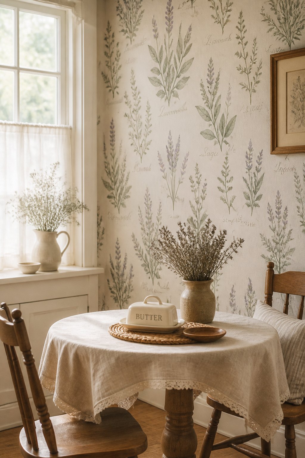 A vintage herb-print wallpaper in the breakfast nook makes the kitchen's most intimate corner feel genuinely personal.