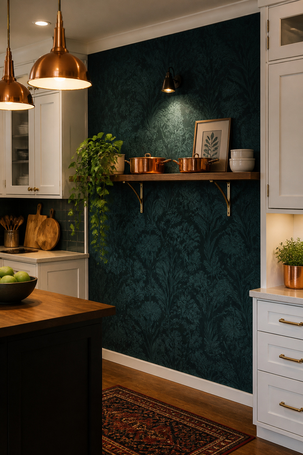 A single deep teal wallpaper wall transforms this kitchen's personality without a single cabinet being painted.