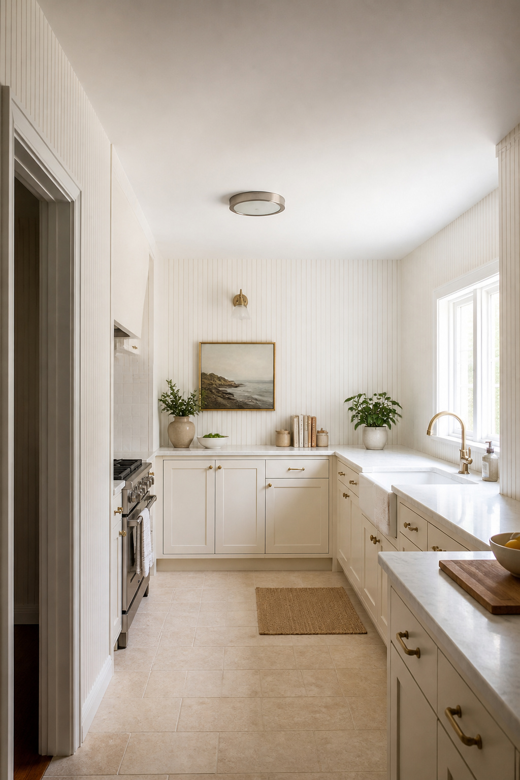 Thin pinstripe wallpaper running to the ceiling makes this 7.5-foot kitchen feel considerably taller without any structural work.