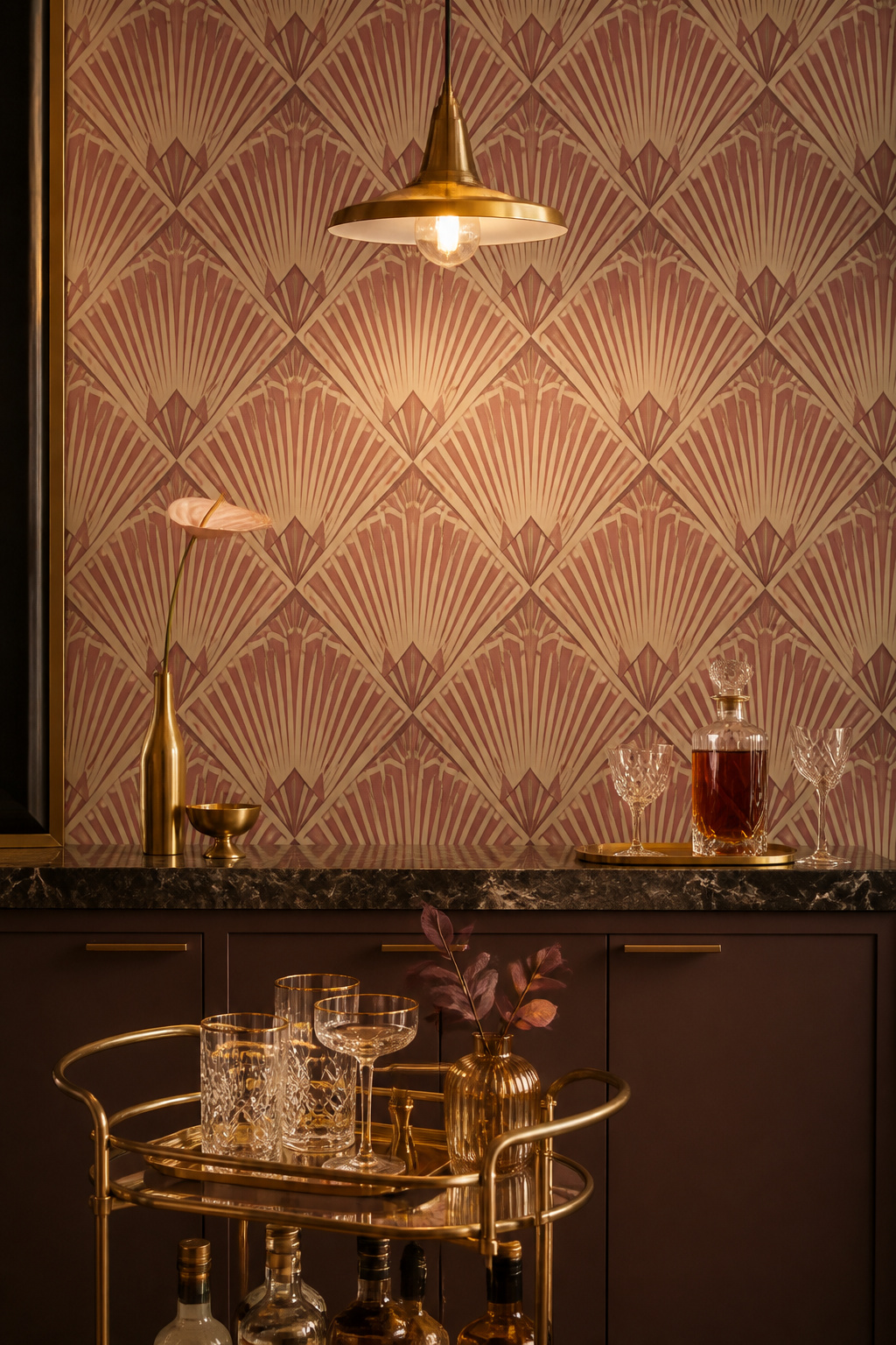 A muted Art Deco geometric wallpaper makes the kitchen bar area feel deliberately curated rather than accidentally decorated.