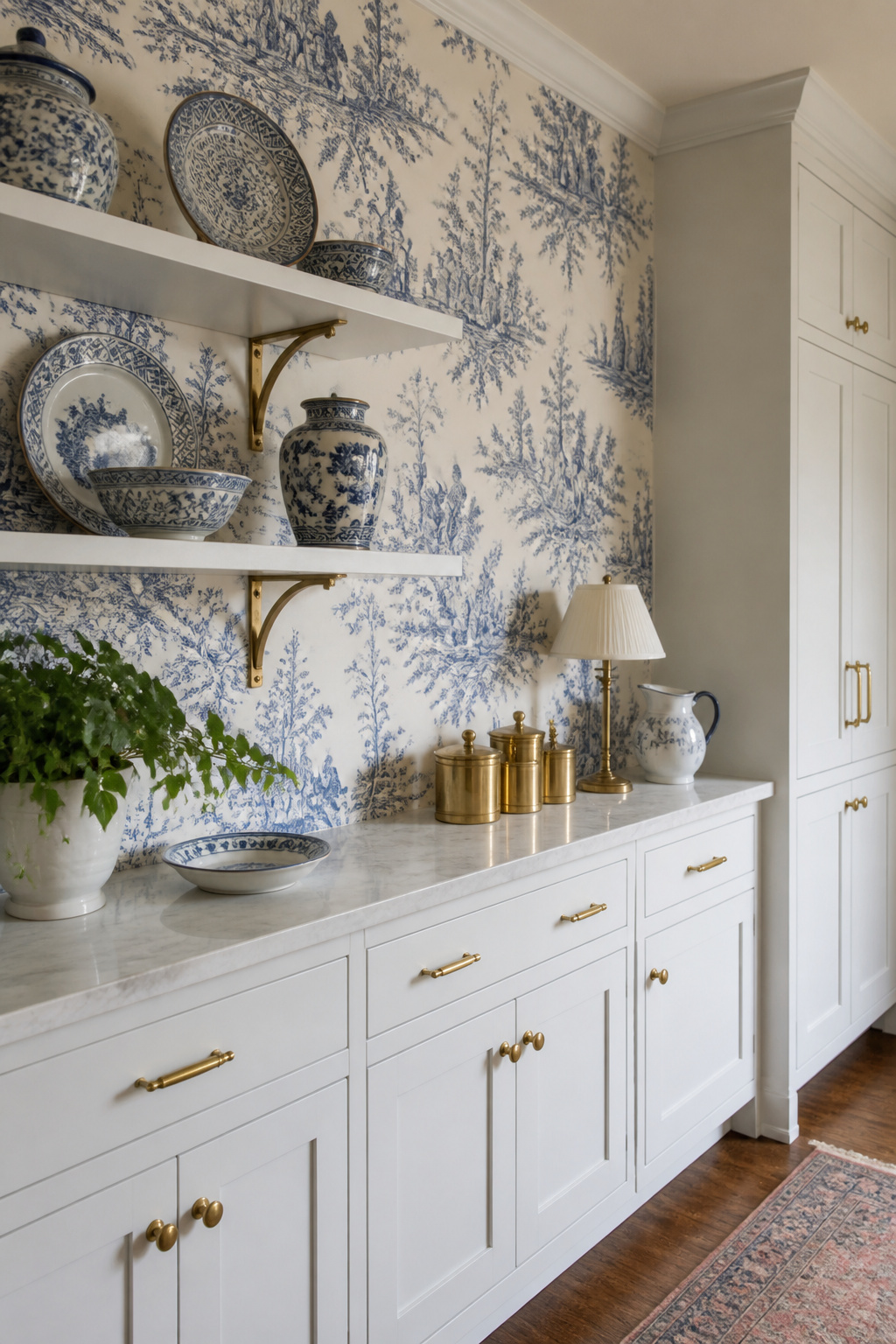 French blue-and-white toile wallpaper brings four centuries of kitchen design tradition to a contemporary kitchen for the price of two rolls.