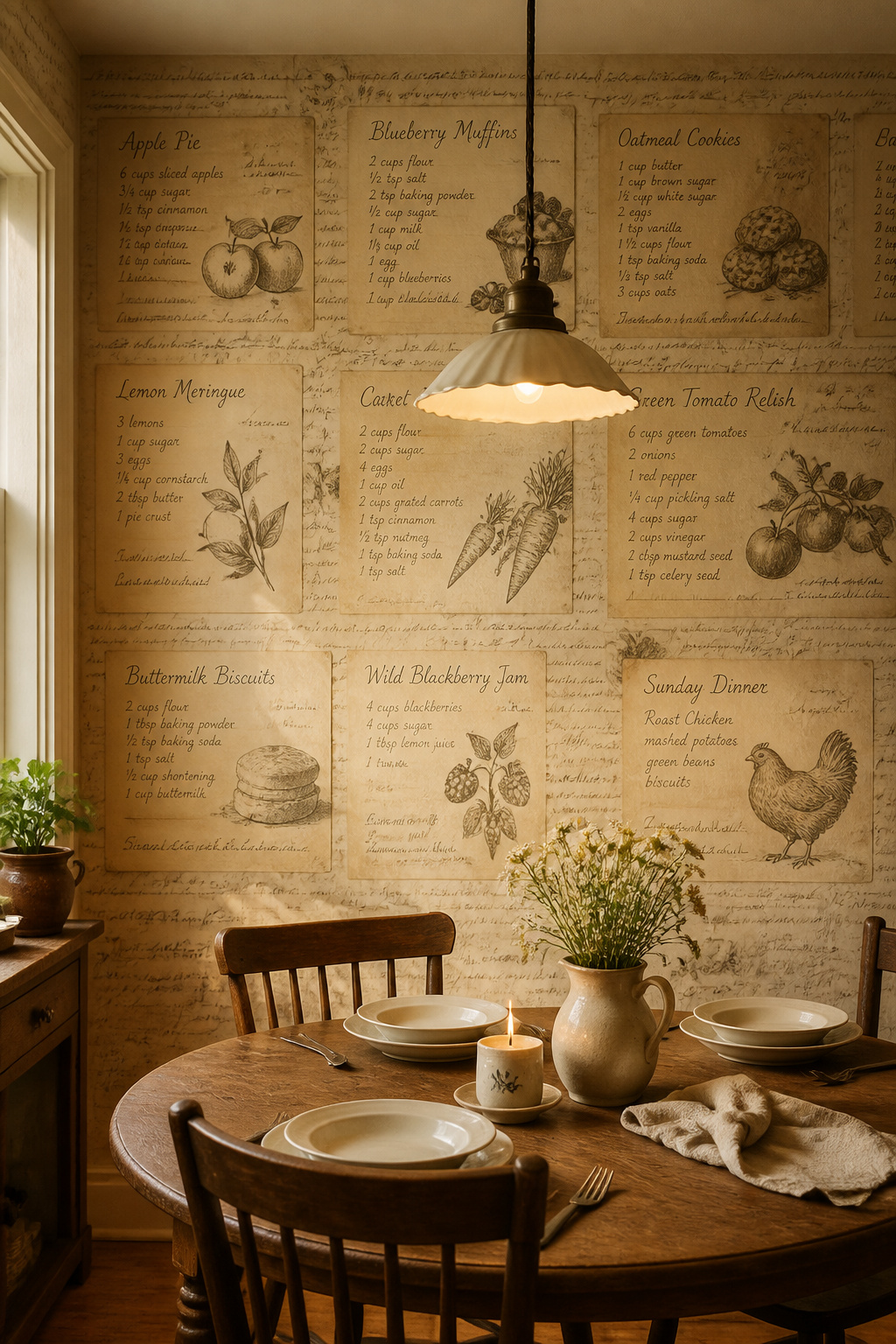 Vintage recipe-card wallpaper gives the kitchen's dining end a warmth and personality that painted walls simply can't deliver.