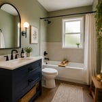 A compact bathroom transformed through paint, vanity refinishing, mirror framing, and intentional accessory choices — proof that budget bathroom makeovers can look genuinely designed.