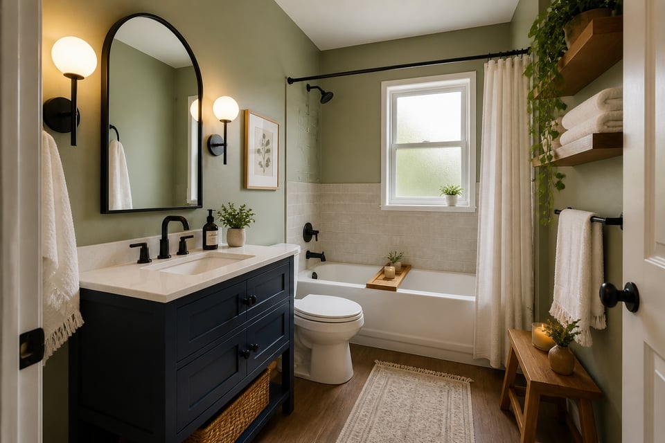 A compact bathroom transformed through paint, vanity refinishing, mirror framing, and intentional accessory choices — proof that budget bathroom makeovers can look genuinely designed.