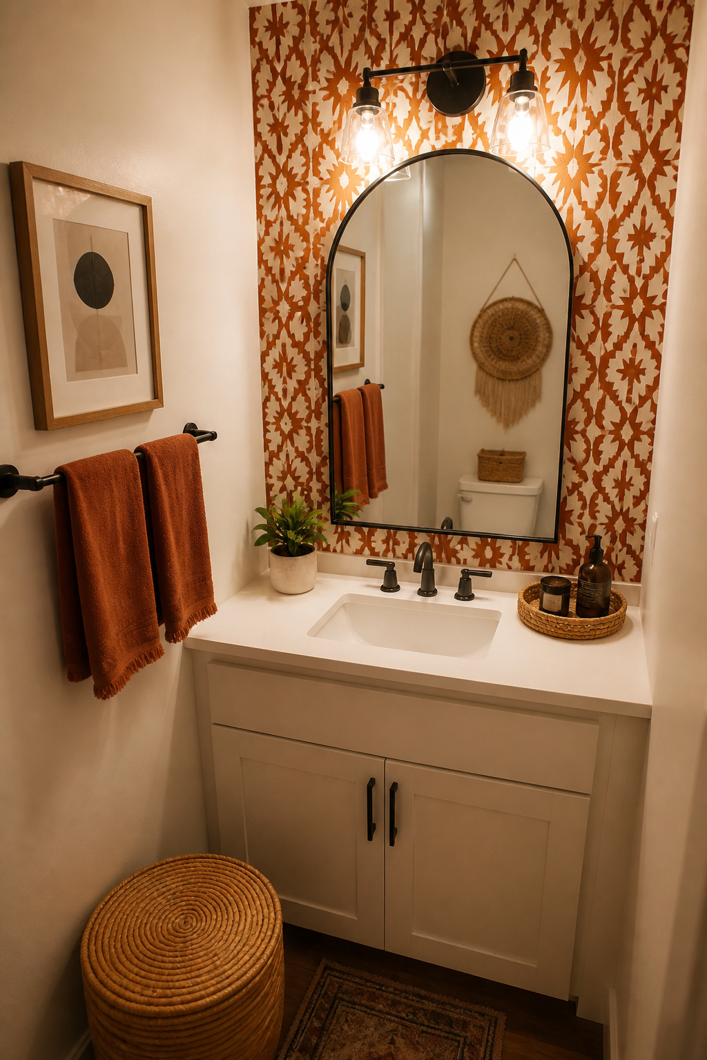 Going bold on one wall in an affordable bathroom makeover — the mirror reflection doubles the impact of the wallpaper and the room forgets to feel small.