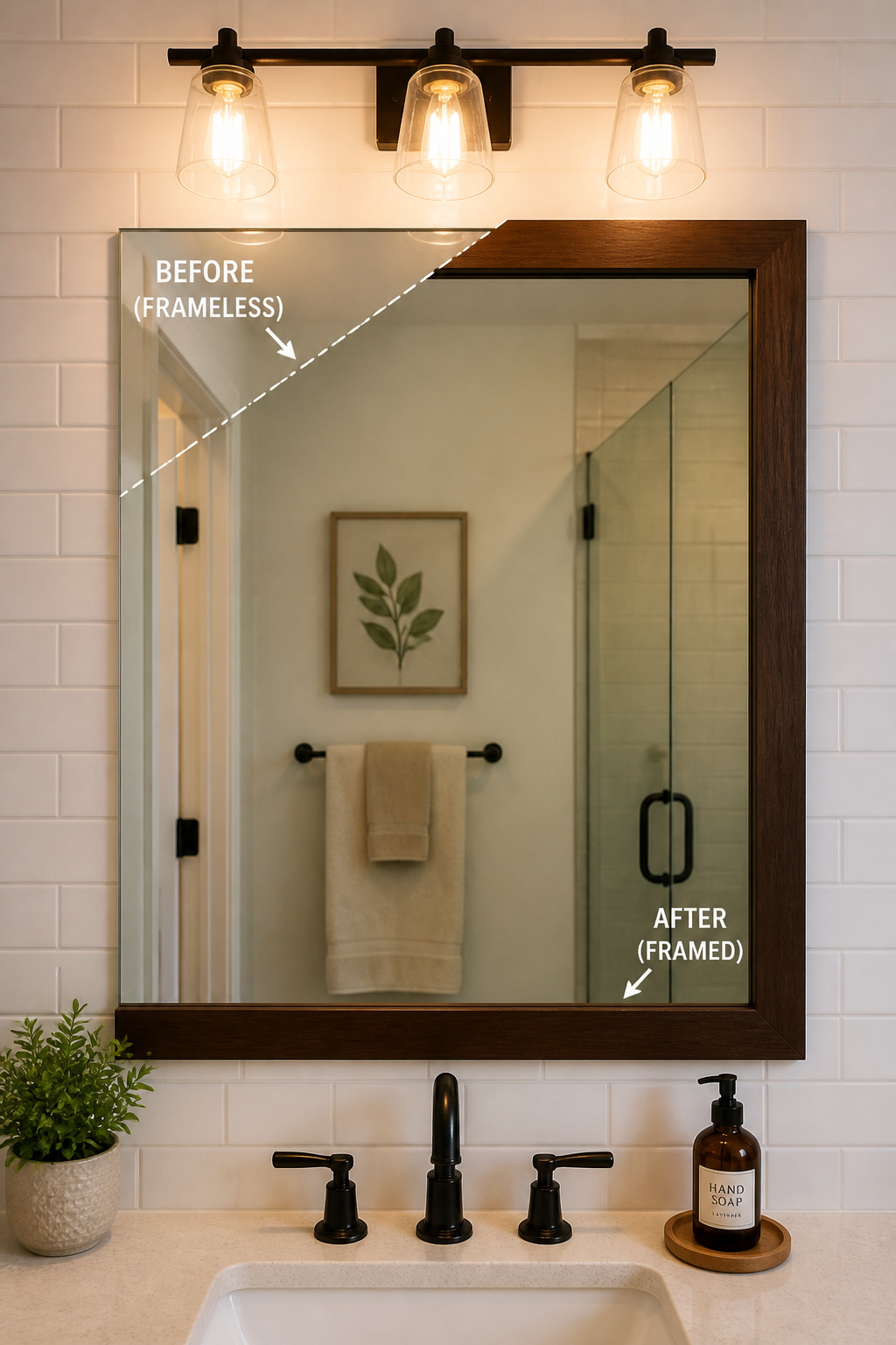 A MirrorMate-style frame transforms a builder-grade plate glass mirror in under 30 minutes — the simplest budget bathroom upgrade with the most architectural impact.
