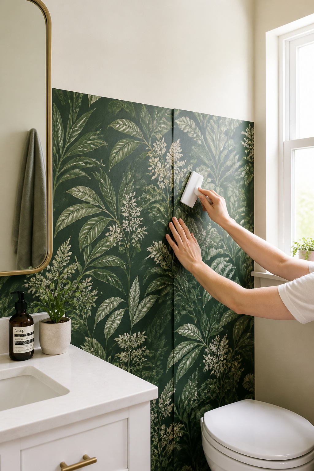 A renter-friendly budget bathroom statement: removable botanical wallpaper on the accent wall transforms the room and comes off cleanly at move-out.