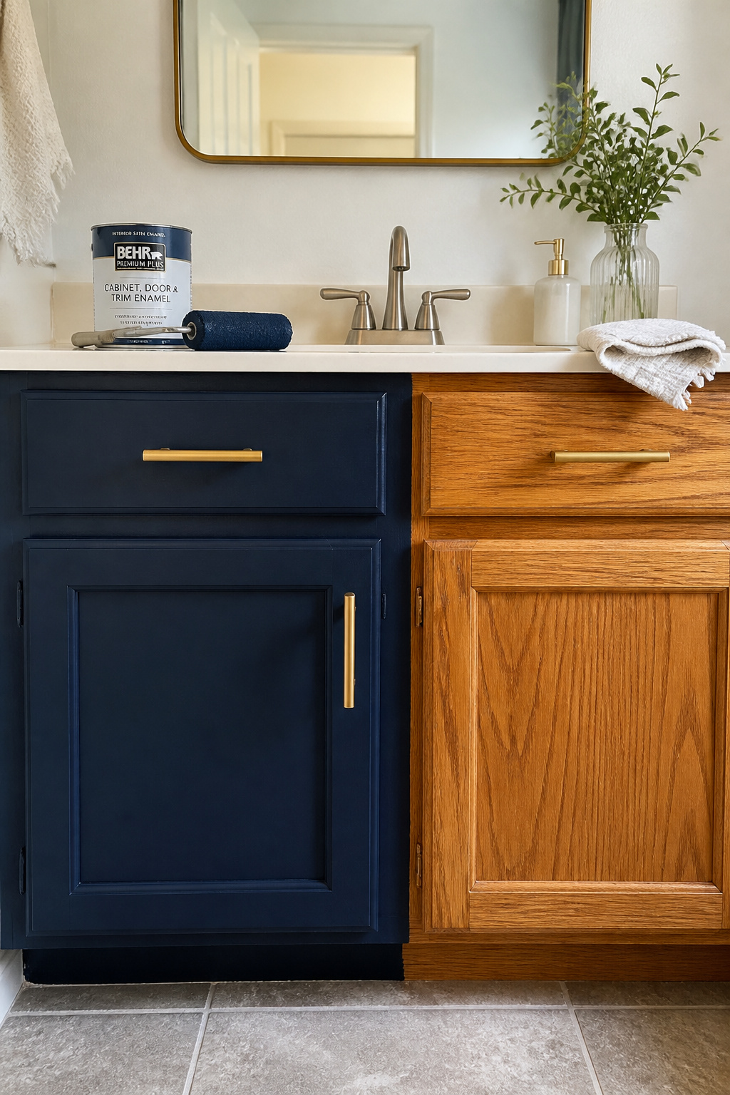 The budget bathroom upgrade that fools everyone: one navy-painted door next to the original oak shows the complete transformation a $65 can of Benjamin Moore Advance delivers.