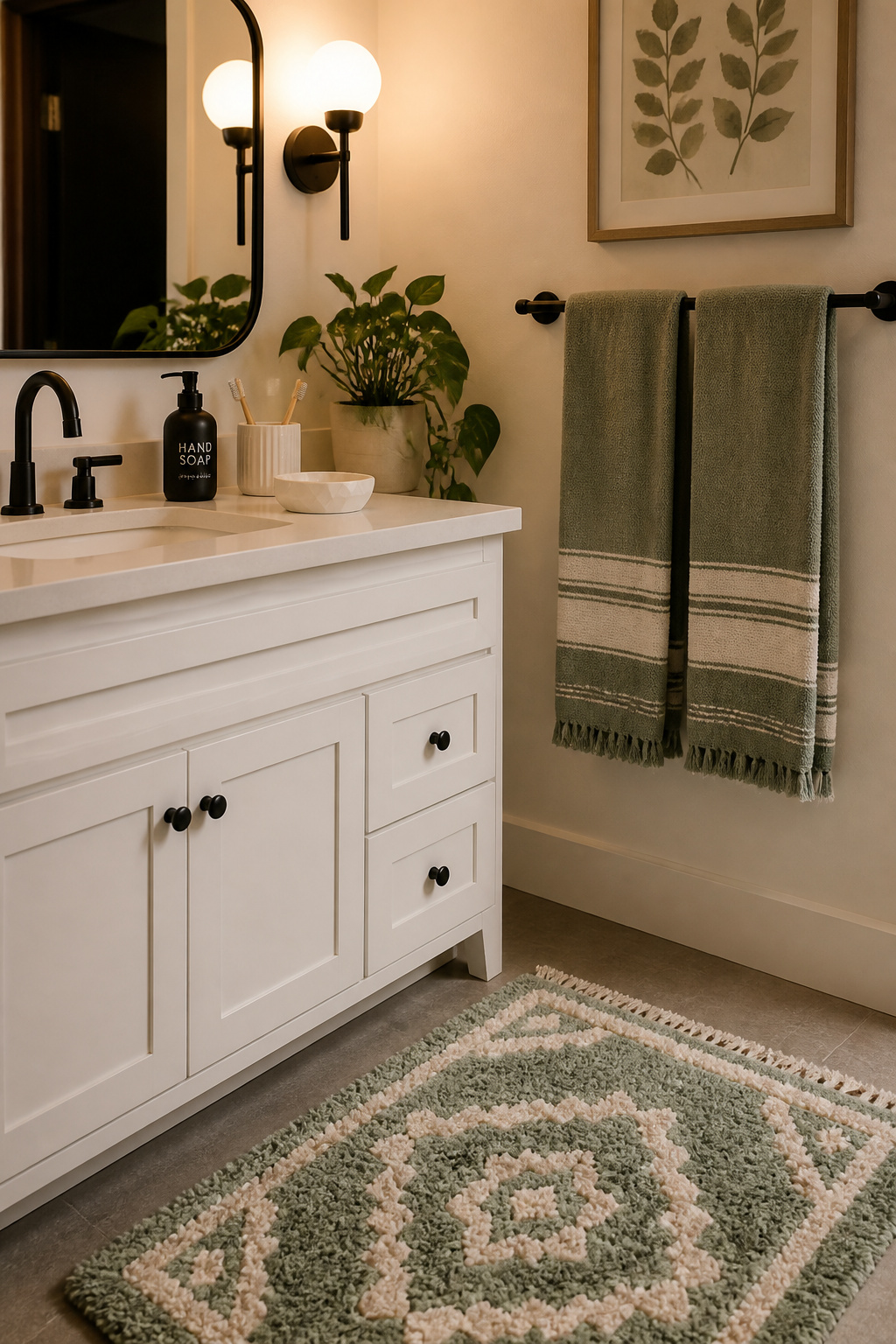 Intentional accessory choices — sage towels, matte black hardware, ceramic soap dish — pull a budget bathroom makeover together without requiring a matching set.