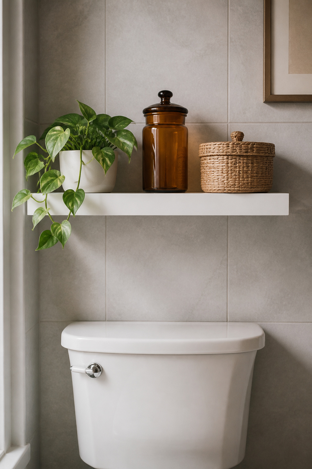 A well-styled floating shelf above the toilet transforms the most neglected wall in the bathroom into an intentional design moment.