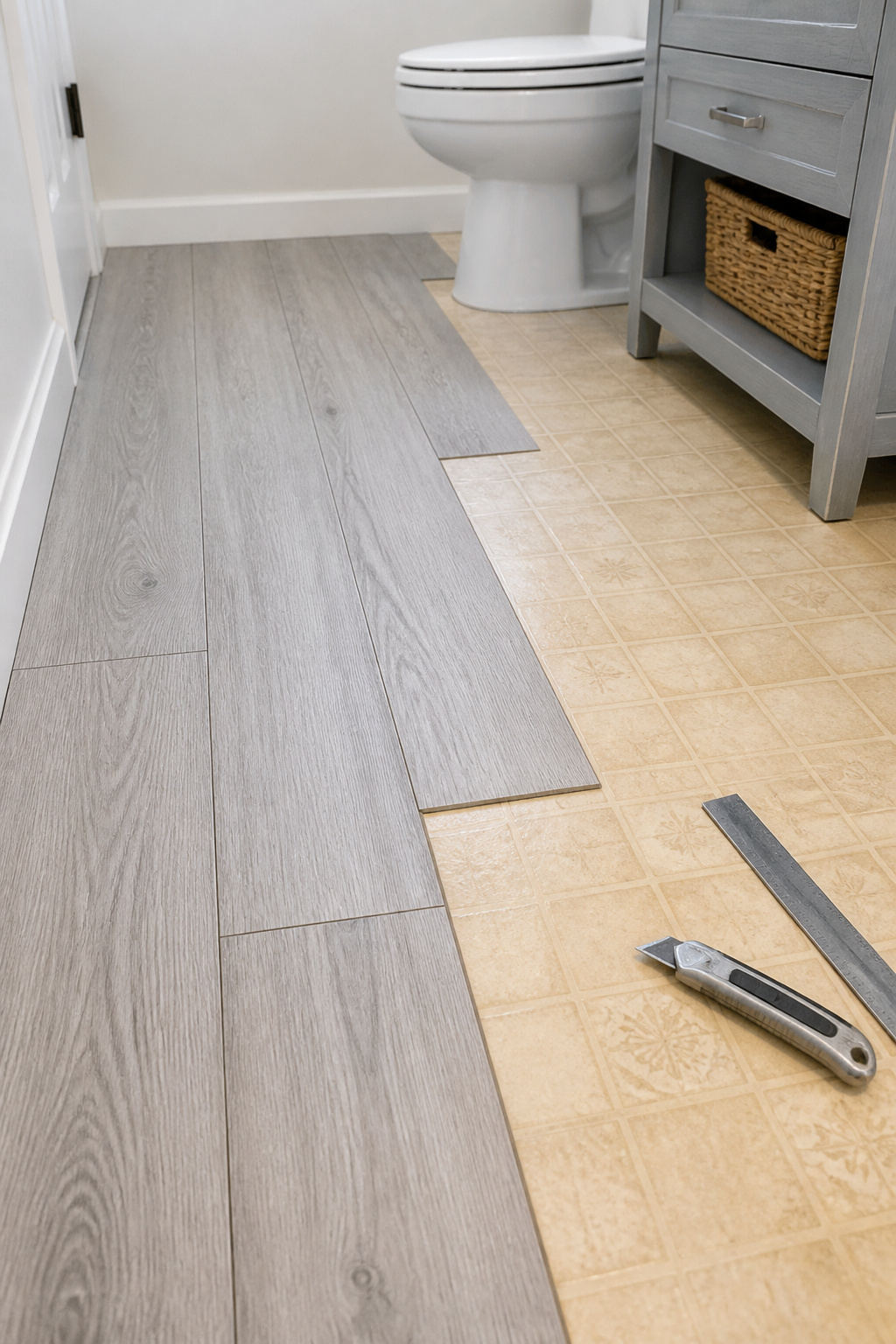 A budget bathroom makeover from the floor up — grey wood-look peel-and-stick vinyl plank transforms the visual anchor of the room for under $2 per square foot.