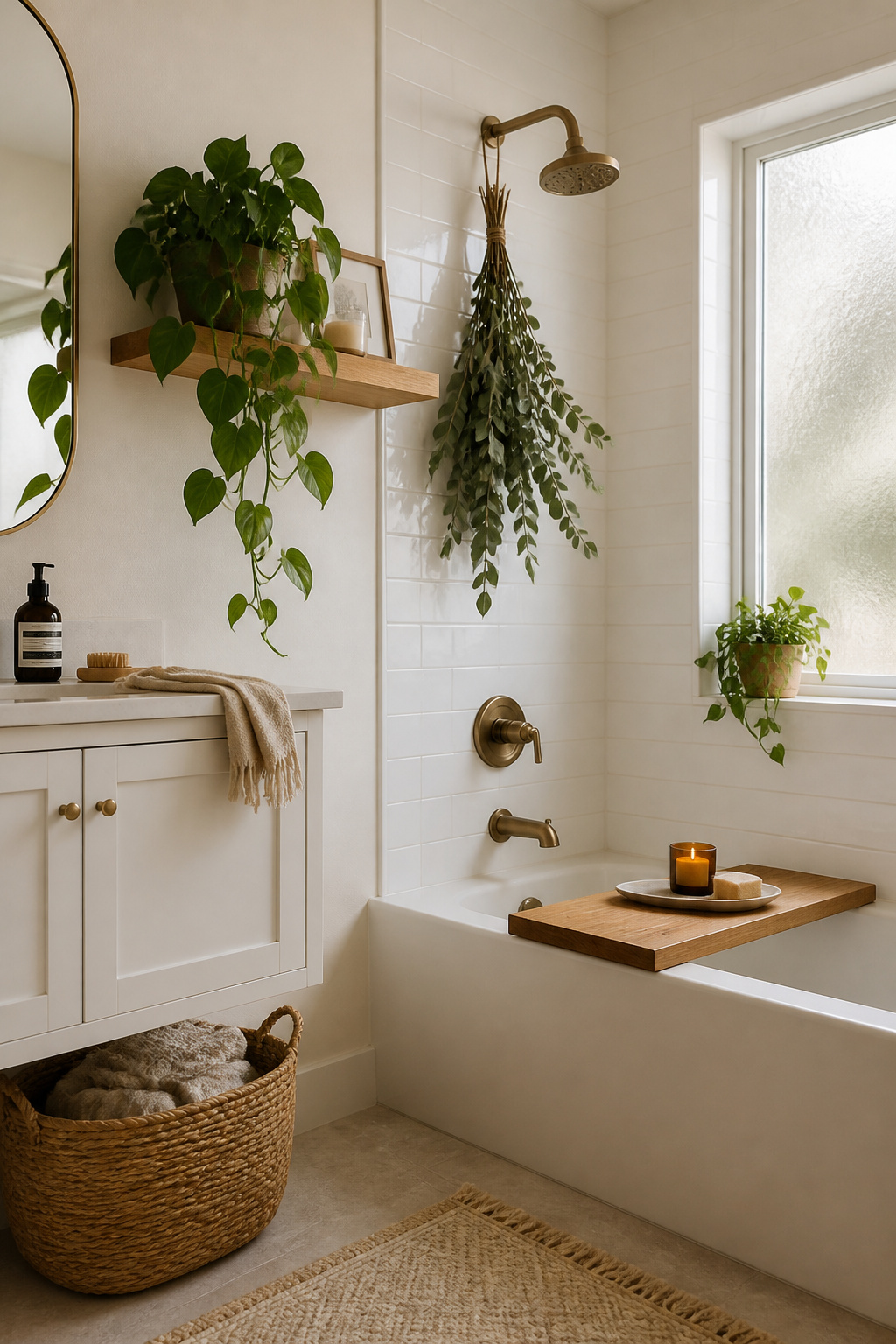 Pothos, eucalyptus, seagrass basket, and teak tray — biophilic additions that make a budget bathroom feel considered and alive.