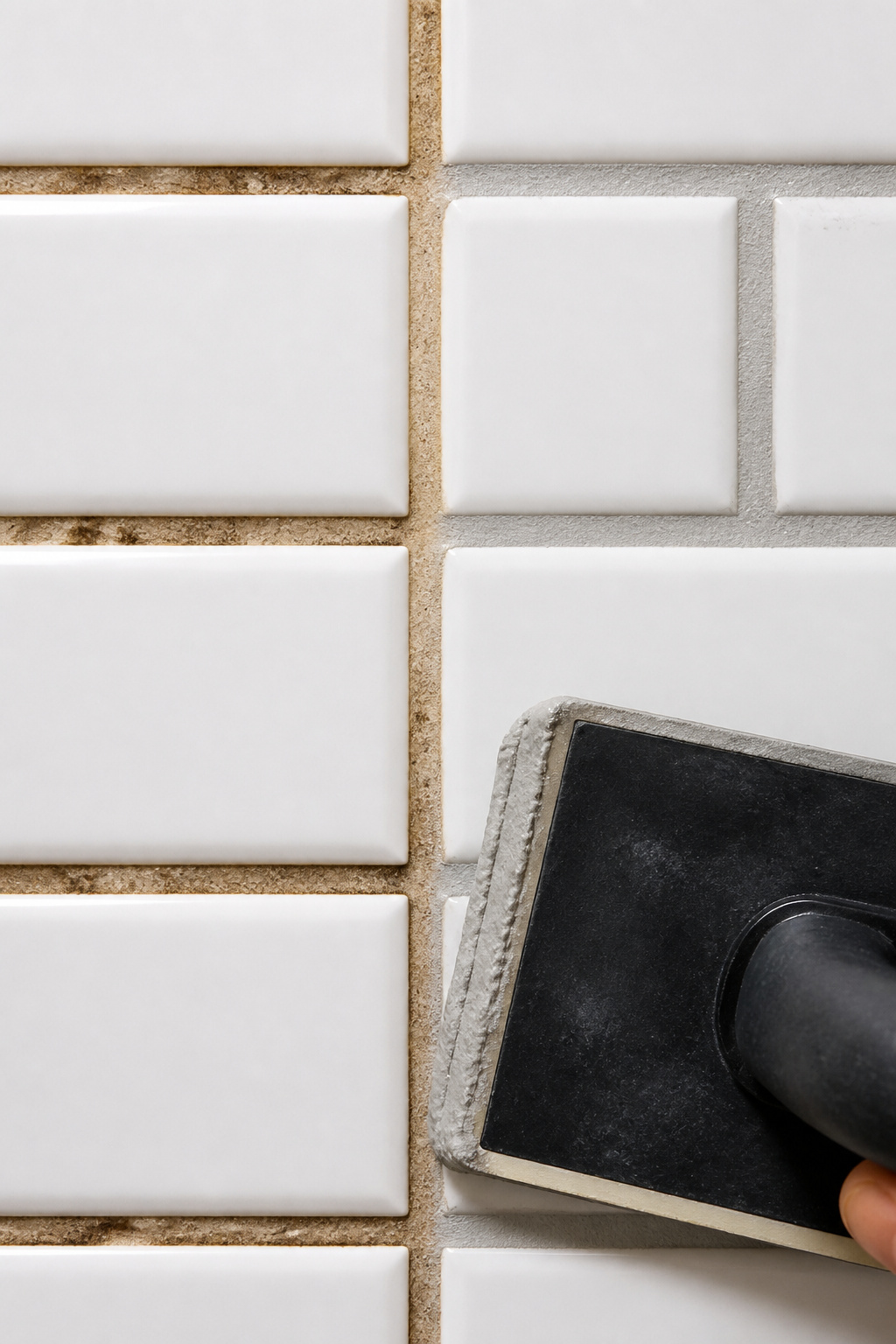 Fresh grey grout next to stained original grout illustrates why regrouting is one of the most underrated budget bathroom makeover steps — the before-and-after happens in the same inch.