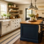 A layered farmhouse kitchen with all the essential elements — shiplap, open shelving, apron sink, painted island, galvanized lighting, herb garden, and cast iron — working together in a warm, cohesive interior.