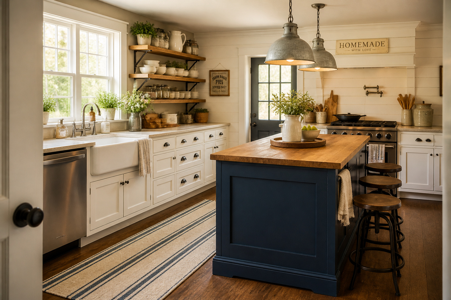 A layered farmhouse kitchen with all the essential elements — shiplap, open shelving, apron sink, painted island, galvanized lighting, herb garden, and cast iron — working together in a warm, cohesive interior.