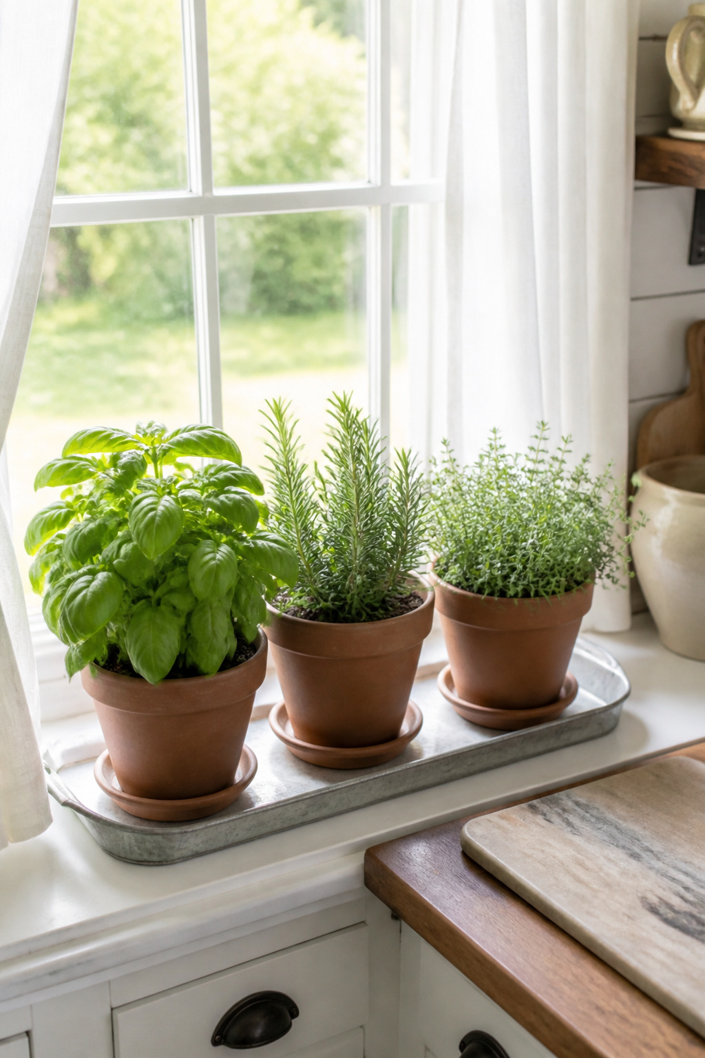 Three terra cotta herb pots on a farmhouse kitchen windowsill — where cooking and country kitchen decor overlap most naturally.