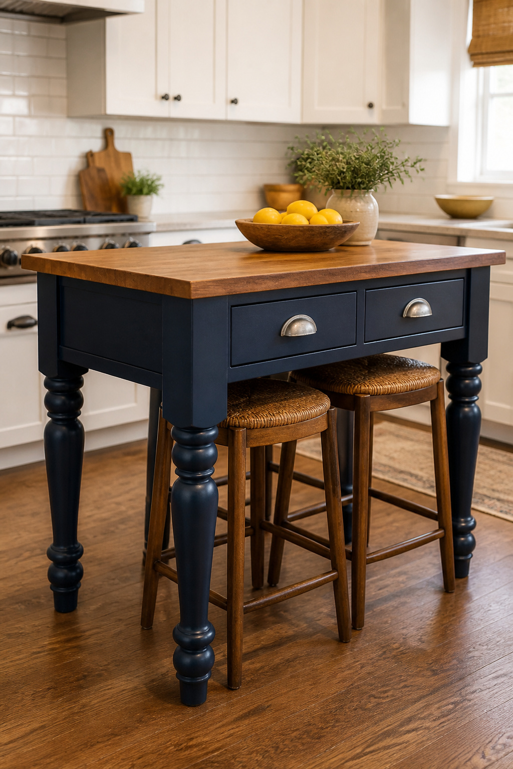 A navy-painted freestanding island with turned legs and a butcher block top — the furniture-style approach to farmhouse kitchen decor that looks curated rather than installed.