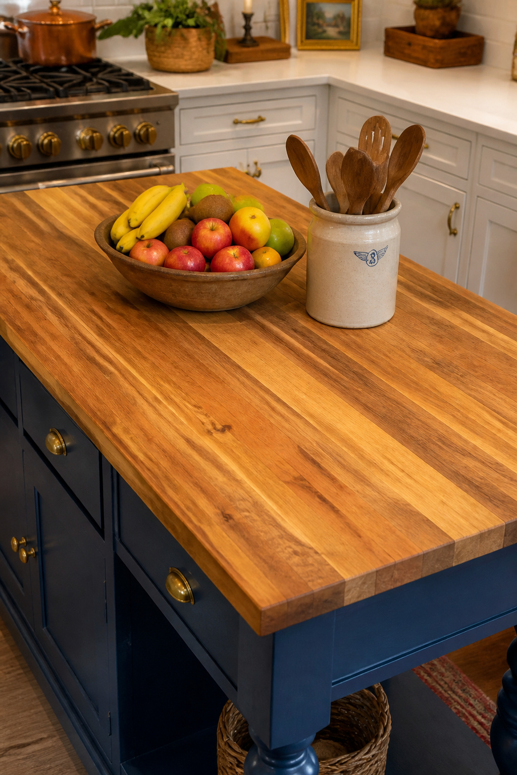 A honey-toned butcher block top on a painted navy island — the warmth of wood against cool painted cabinetry is a core farmhouse kitchen decor combination.