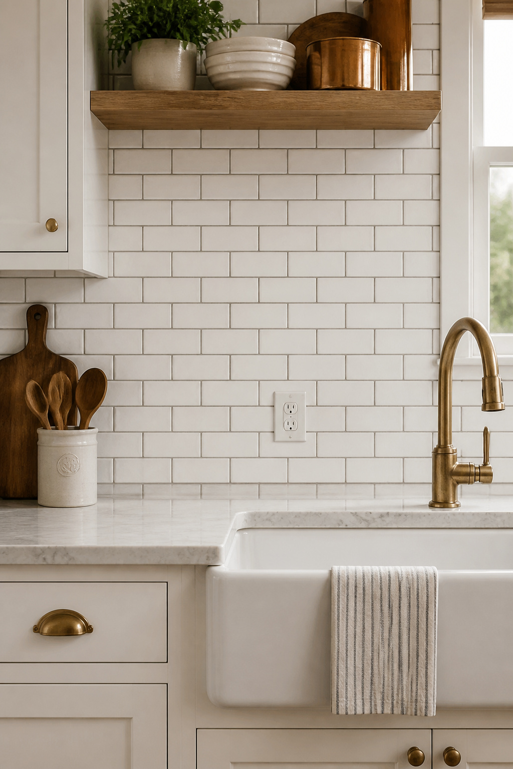 Classic white subway tile in an offset pattern with gray grout — the farmhouse kitchen backsplash combination that never goes out of style.