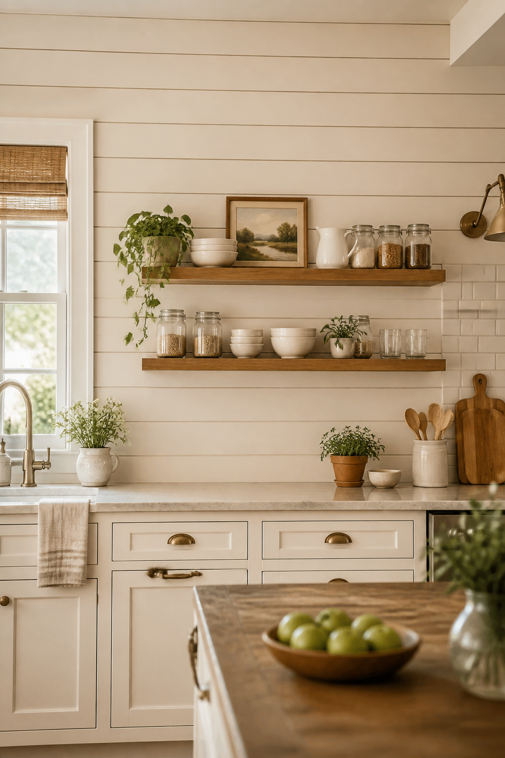 A warm cream shiplap accent wall anchors a farmhouse kitchen with open shelving and aged brass details — one of the most effective farmhouse kitchen decor moves you can make.