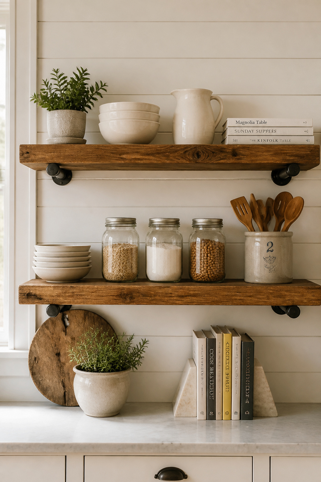 Open shelves styled with white ceramics, stoneware crocks, and mason jars of dry goods — farmhouse kitchen decor that works as hard as it looks.