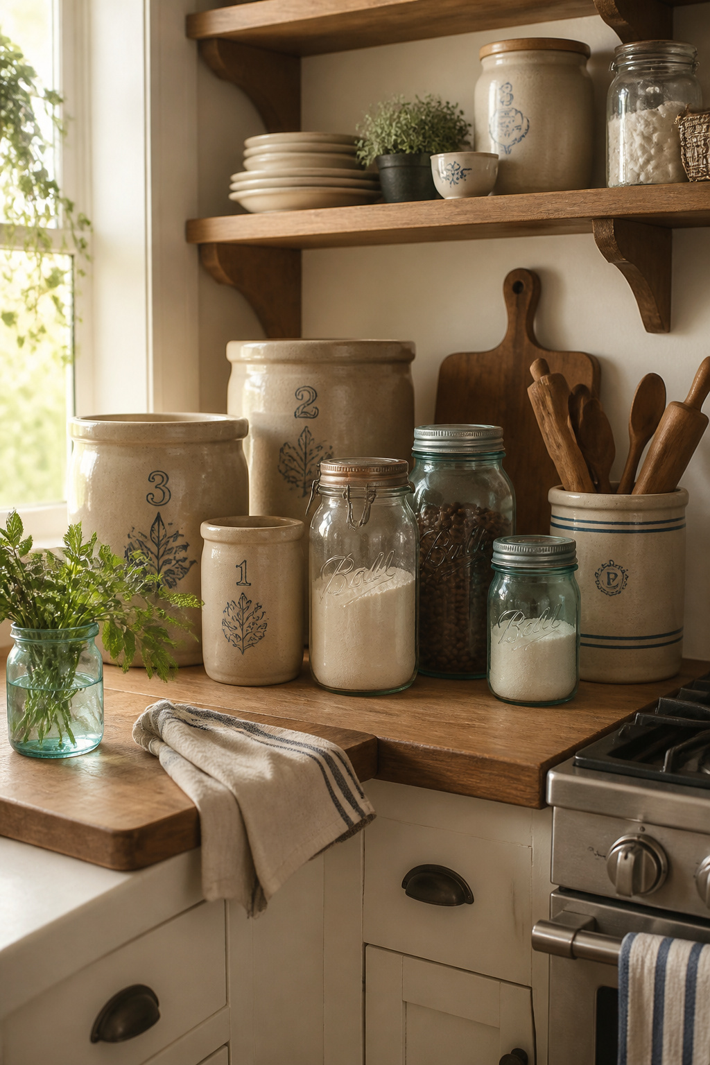 A trio of stoneware crocks and mason jars styled at varying heights — functional farmhouse kitchen decor that doubles as genuine daily storage.