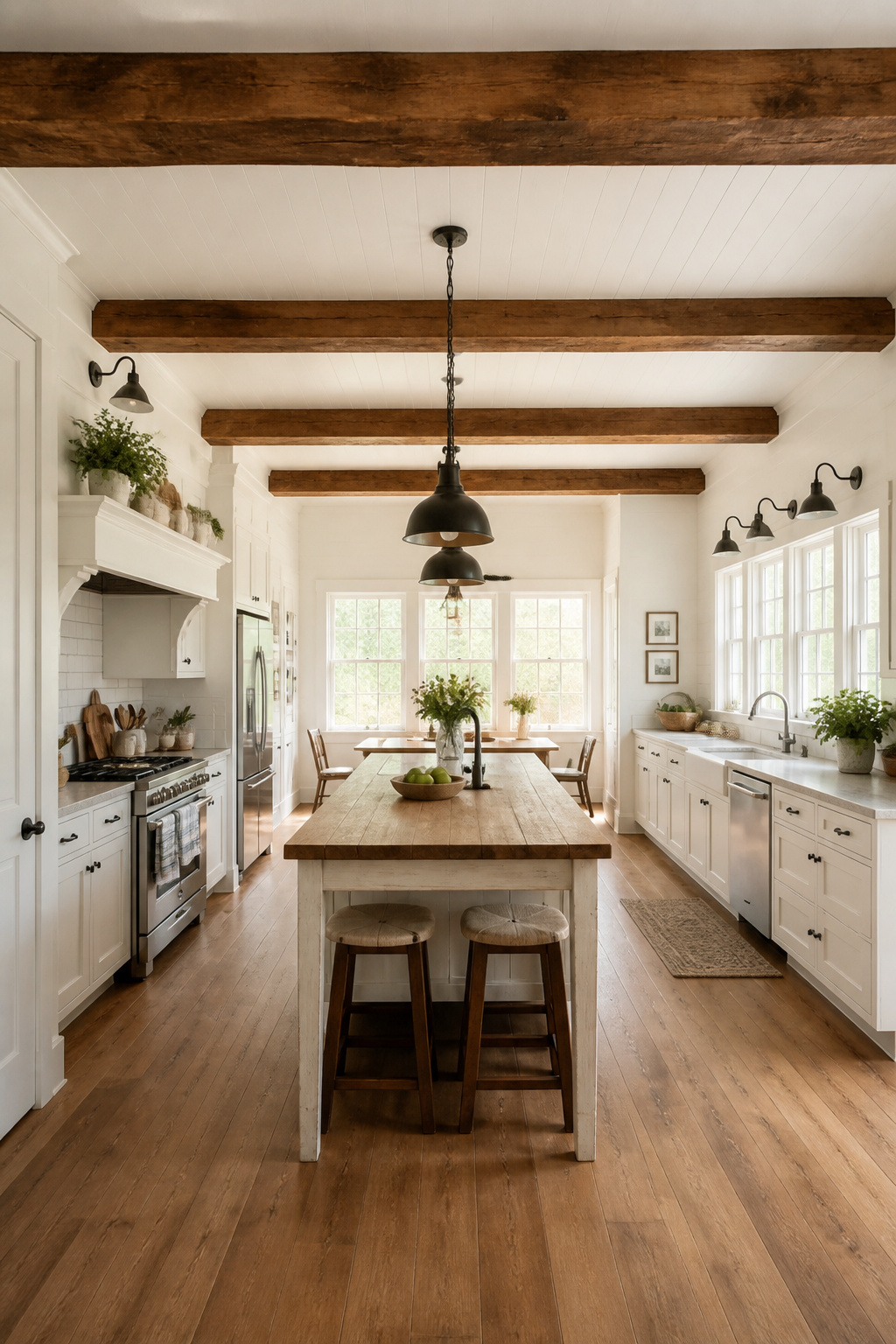 Three evenly spaced walnut-stained beams running the length of a white farmhouse kitchen — a single change that transforms the room's entire atmosphere.