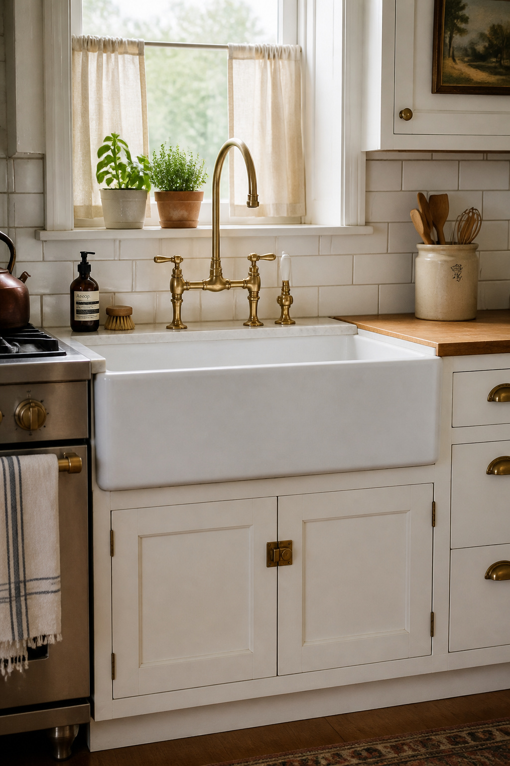 A white fireclay apron-front sink with a brass bridge faucet is the single most recognizable piece of farmhouse kitchen decor — both anchor and centerpiece.
