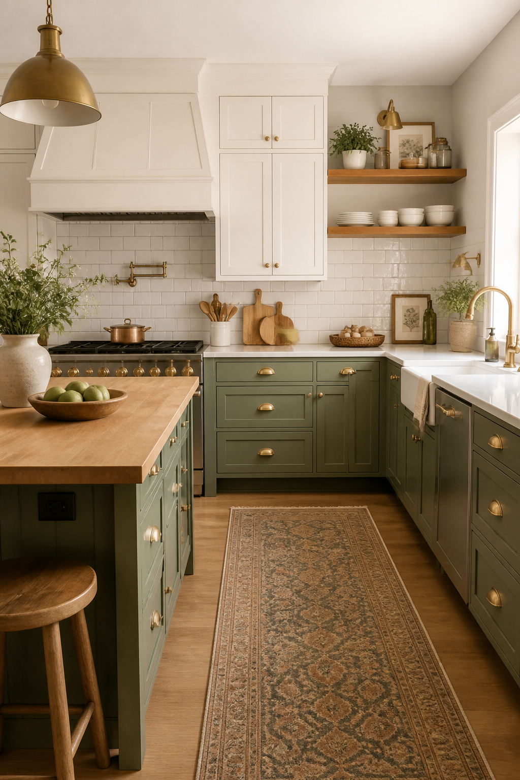 A two-tone farmhouse kitchen in sage green and white with aged brass hardware — a farmhouse-style kitchen color palette that feels current without chasing trends.