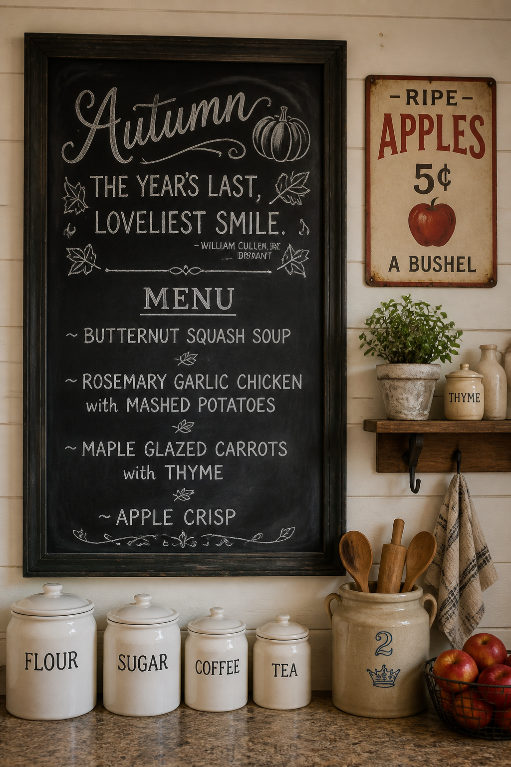 A large framed chalkboard panel paired with a vintage enamel sign — easy-to-change farmhouse kitchen decor that adds personality without any permanent commitment.