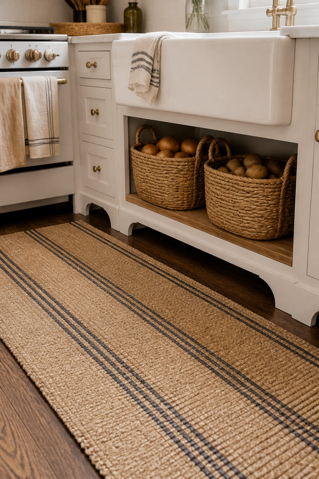 A grain sack stripe cotton runner, seagrass baskets, and linen towels layer natural texture into a farmhouse kitchen — softening all the hard surfaces without adding visual complexity.