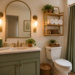 A thoughtfully styled apartment bathroom showing how renter-friendly decor — arched mirror, plug-in sconces, bamboo etagere, and sage green textiles — transforms a builder-grade space into something that feels genuinely personal.